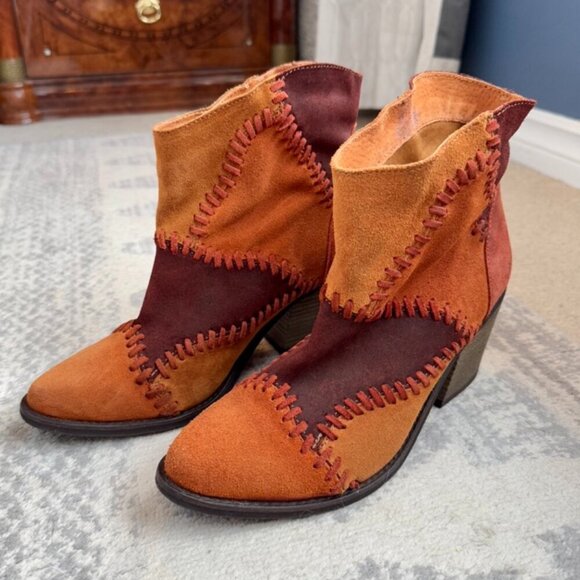 Brown and Tan Suede Patchwork Leather Booties - Picture 2 of 11